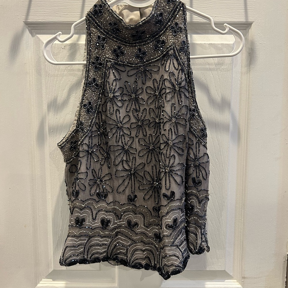 Papell Boutique Black and Silver Beaded Blouse M NWOT 🖤
